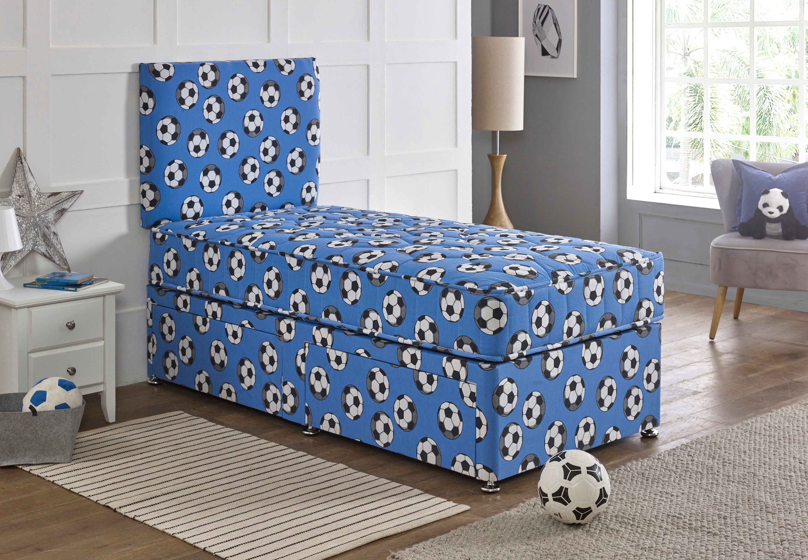 Bed Innovation Kids Football Blue Divan Bed Set With Sprung Memory Foam Mattress and Headboard.