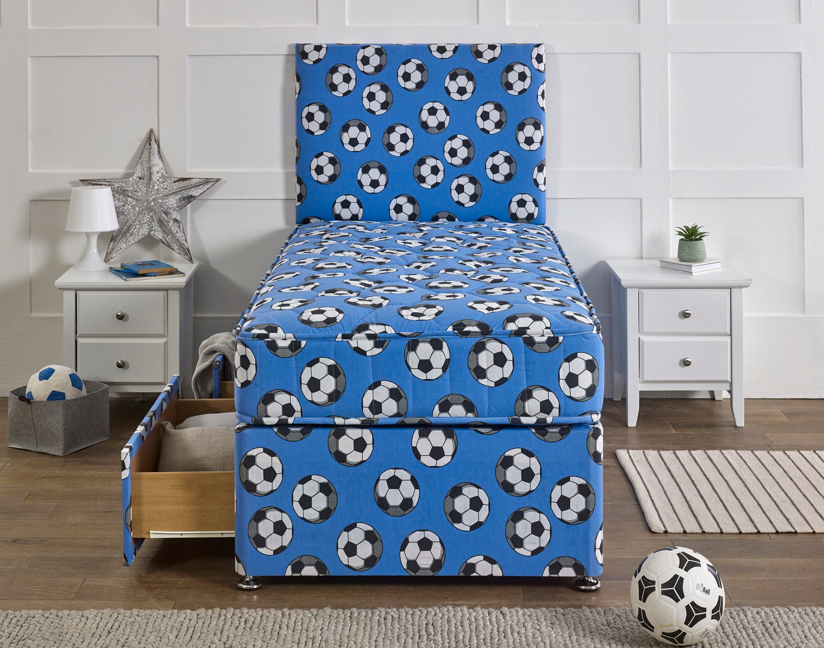 Bed Innovation Kids Football Blue Divan Bed Set With Sprung Memory Foam Mattress and Headboard.