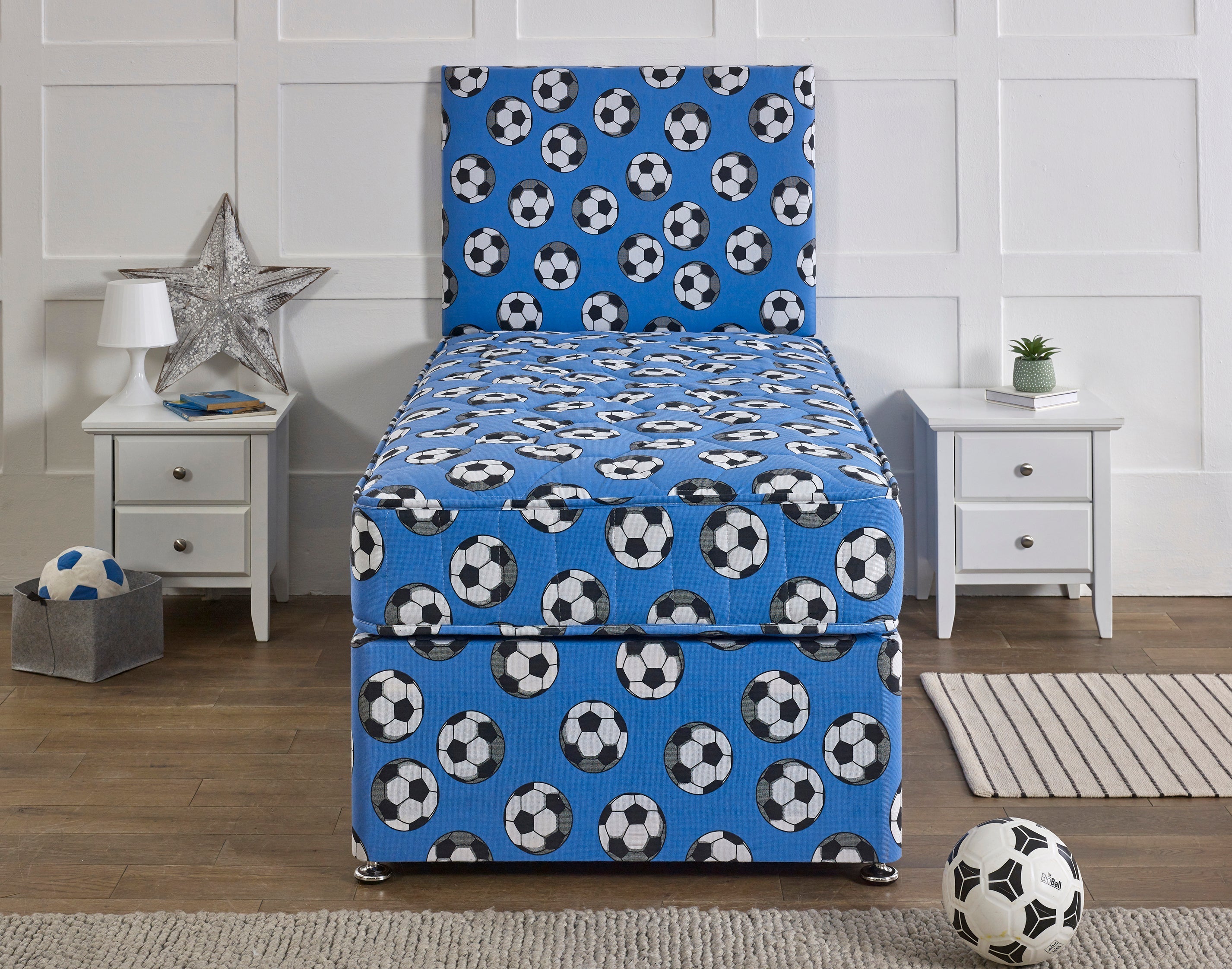 Bed Innovation Kids Football Blue Divan Bed Set With Sprung Memory Foam Mattress and Headboard.