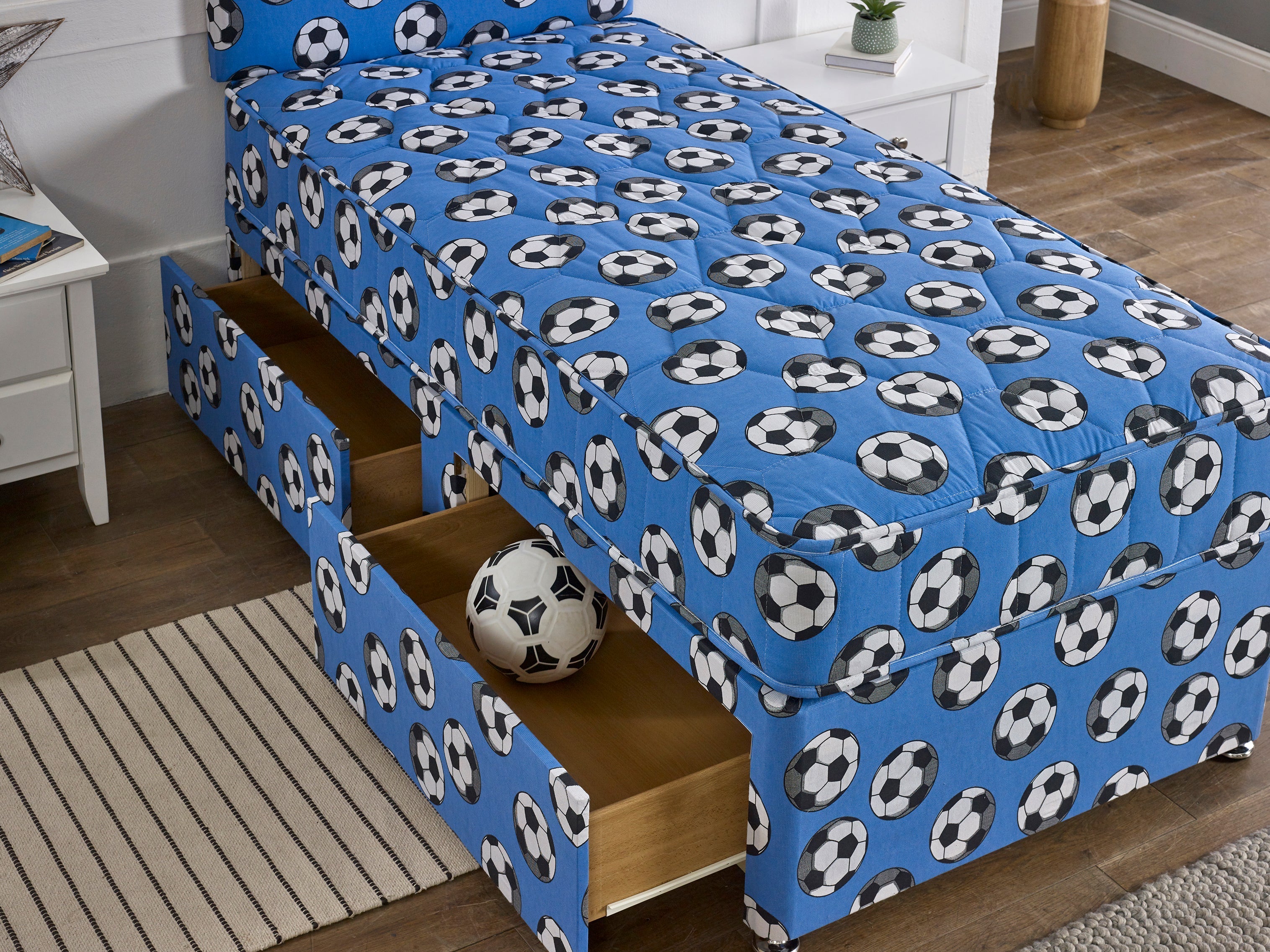 Bed Innovation Kids Football Blue Divan Bed Set With Sprung Memory Foam Mattress and Headboard.