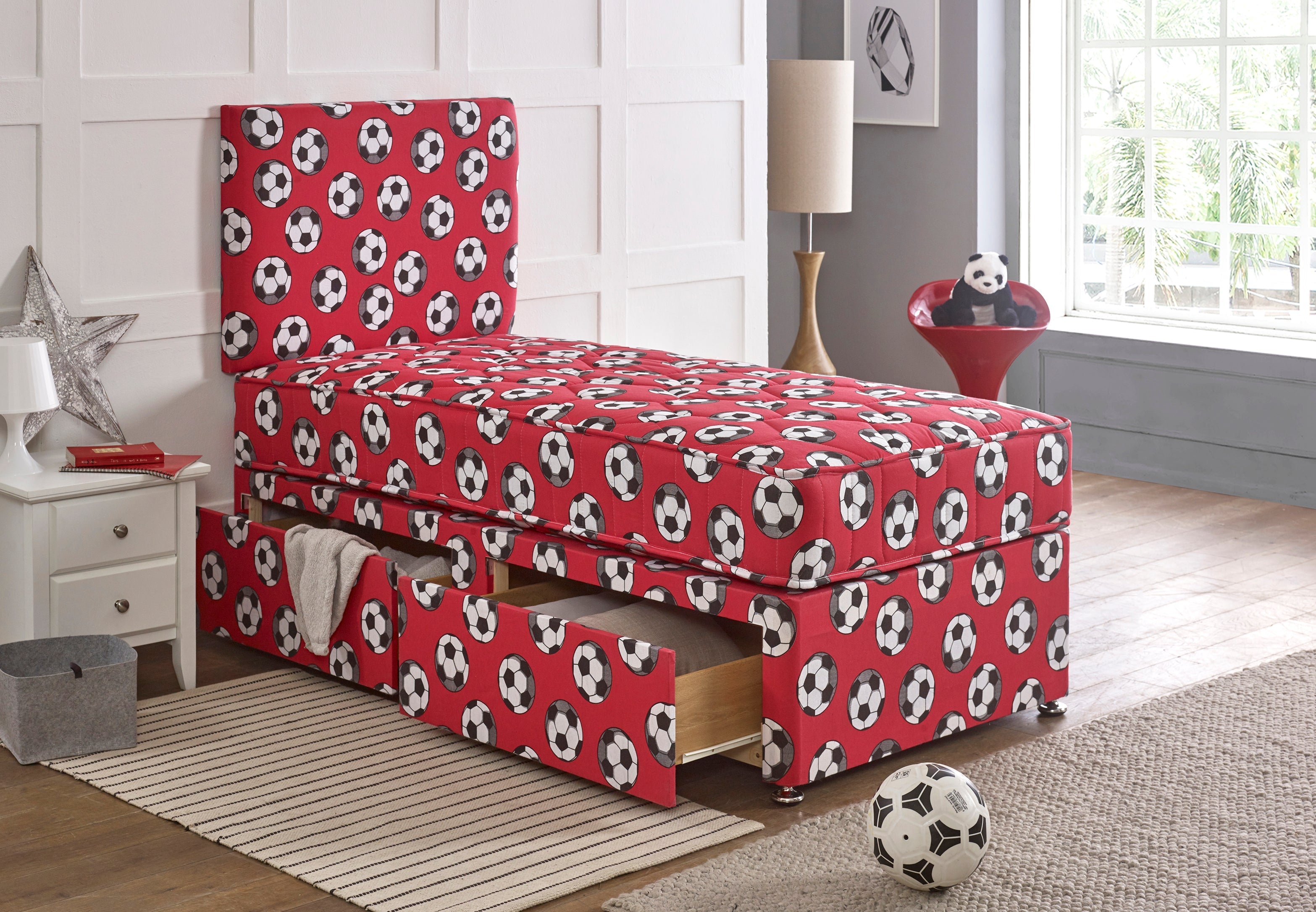 Bed Innovation Kids Football Red Divan Bed Set With Sprung Memory Foam Mattress and Headboard.