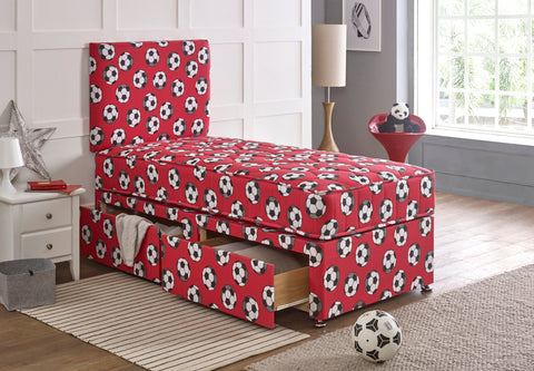 Bed Innovation Kids Football Red Divan Bed Set With Sprung Memory Foam Mattress and Headboard.