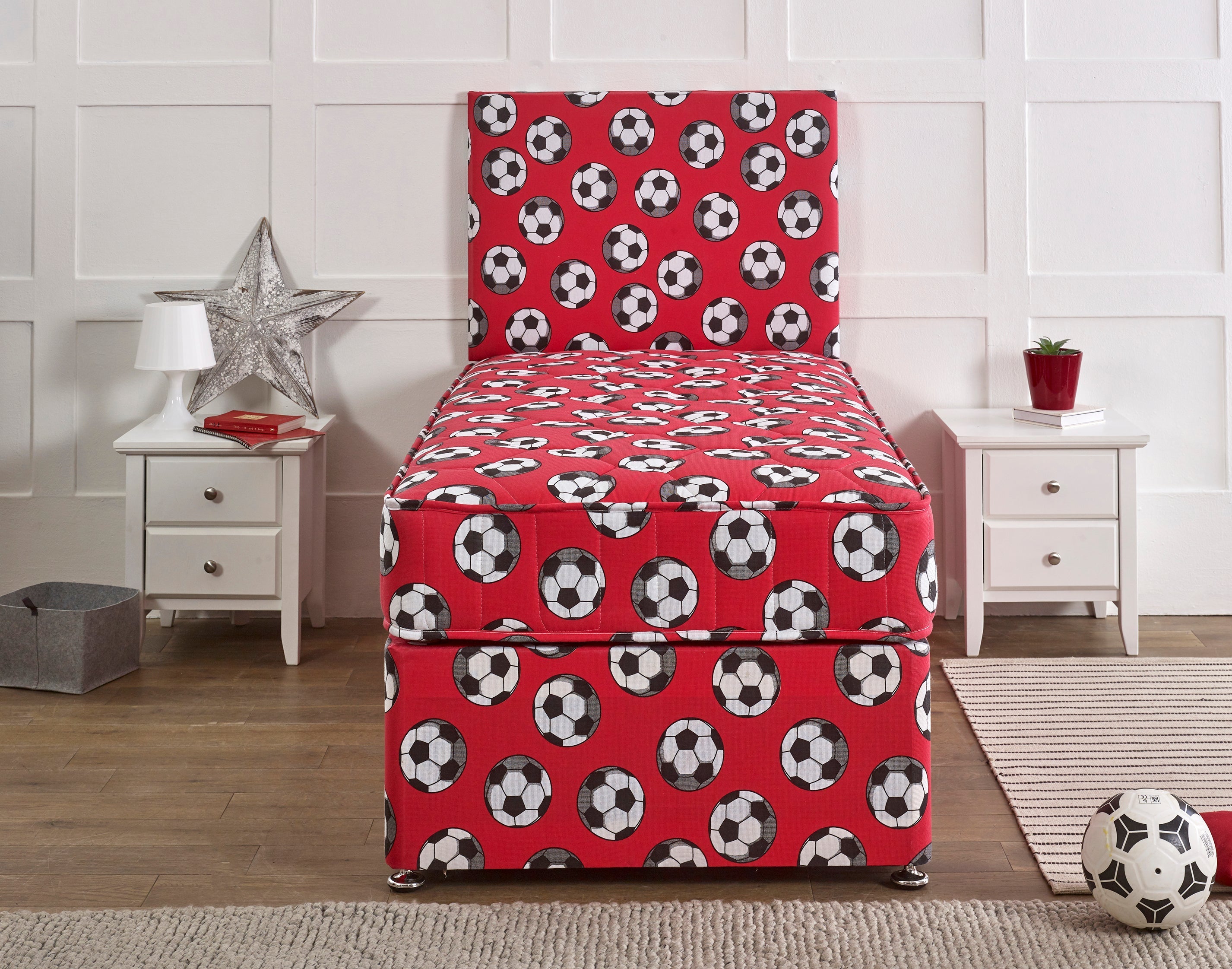 Bed Innovation Kids Football Red Divan Bed Set With Sprung Memory Foam Mattress and Headboard.