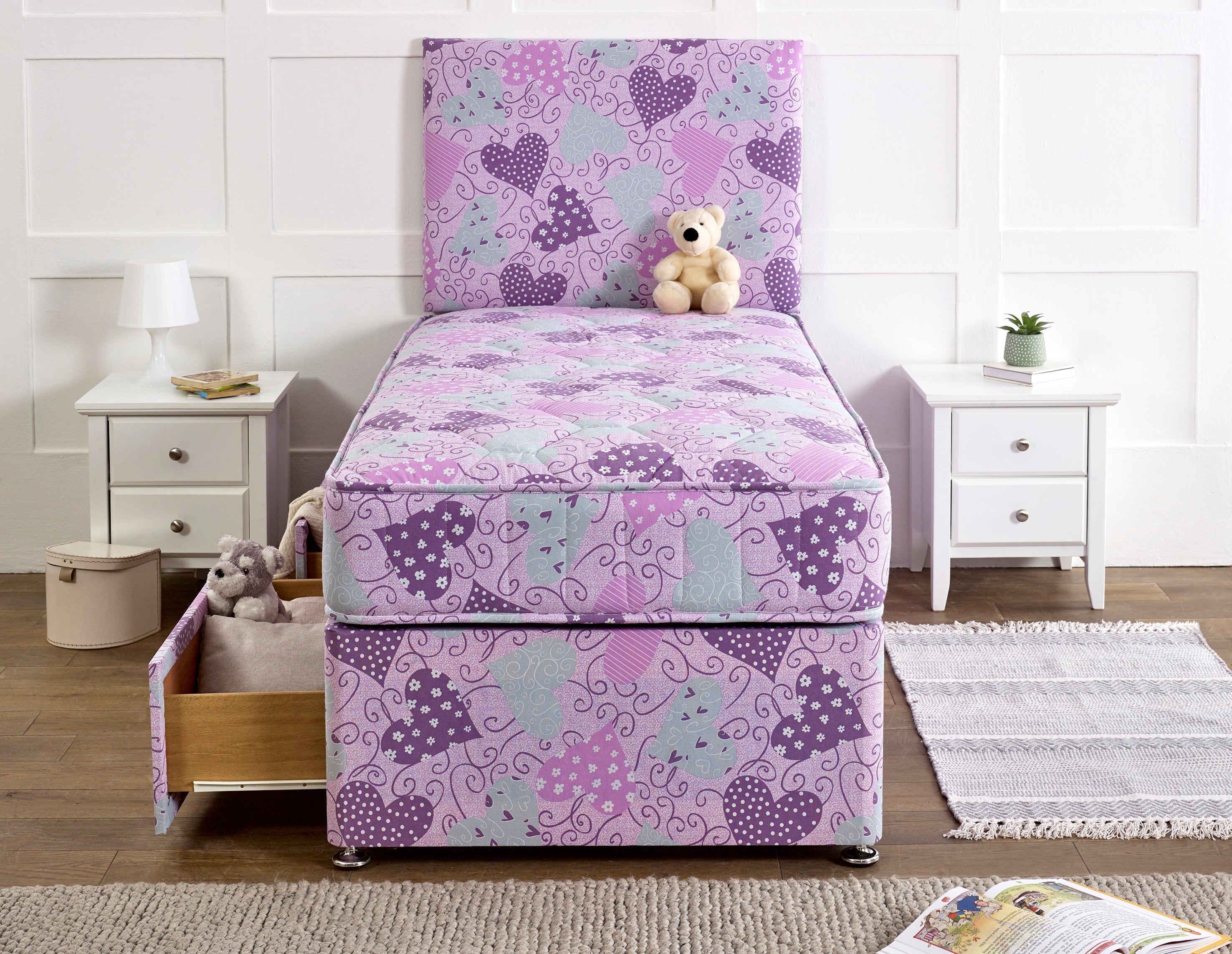 Bed Innovation Kids Princess Pink Divan Bed Set With Sprung Memory Foam Mattress and Headboard.